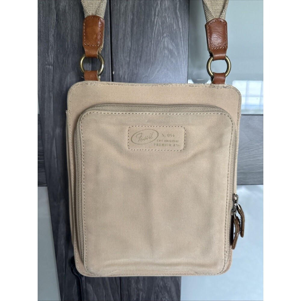 Vintage Fossil Canvas with Leather Crossbody Bag Khaki Brown Adjustable Strap